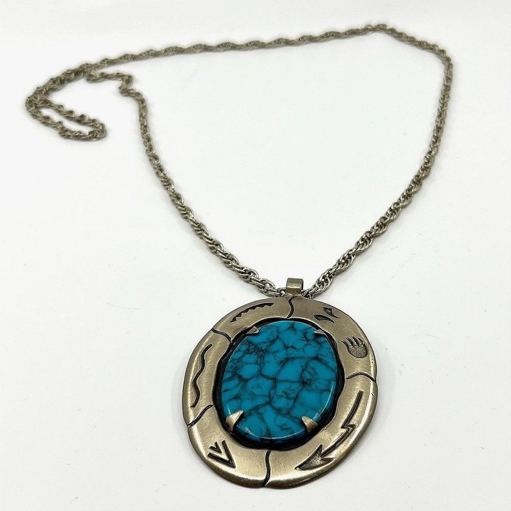 VTG Bell Trading Nickel Silver Tone Post Turquoise Cabochon Southwestern Pendant
