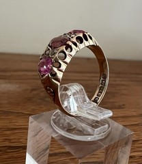 Antique 1911 Edwardian 9K Gold 3 Pink Tourmaline & 4 Old Cut Diamond Ring sz 7