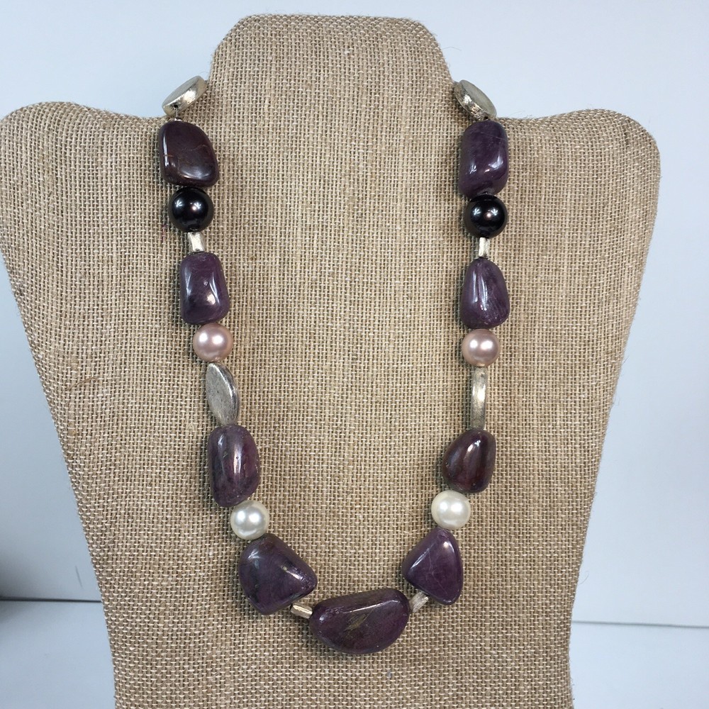 Artisan Hand Made Purple Corundum Faux Pearl Necklace Sterling Clasp