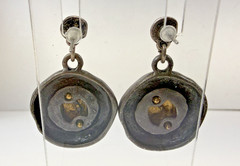 Vintage Hammered Silver & Gold Tone Purple Stone Heavy Dangle Earrings
