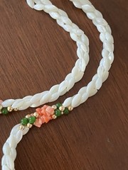 Vintage Beachy Necklace 17″ – Mother of Pearl Pink Coral 3 Strand Twisted