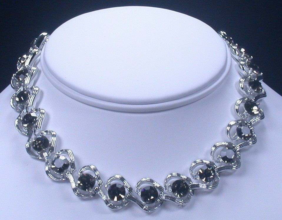 Kramer Smoky Gray Rhinestone Link Choker Necklace Silvertone