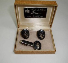 Vintage SIAM STERLING Silver Niello Cufflinks & Tie Clasp In Original Box Sgd BB