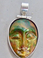 VINTAGE STERLING SILVER 925 RAINBOW LABRADORITE CARVED FACE PENDANT 1 3/4″