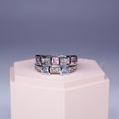 1990’s 18K White Gold-Plated Pink and Blue square stone 2 ring stack