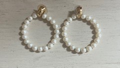 Vintage Open Circle Hoop Faux Pearl Ivory Gold 2” Drop Statement Earrings