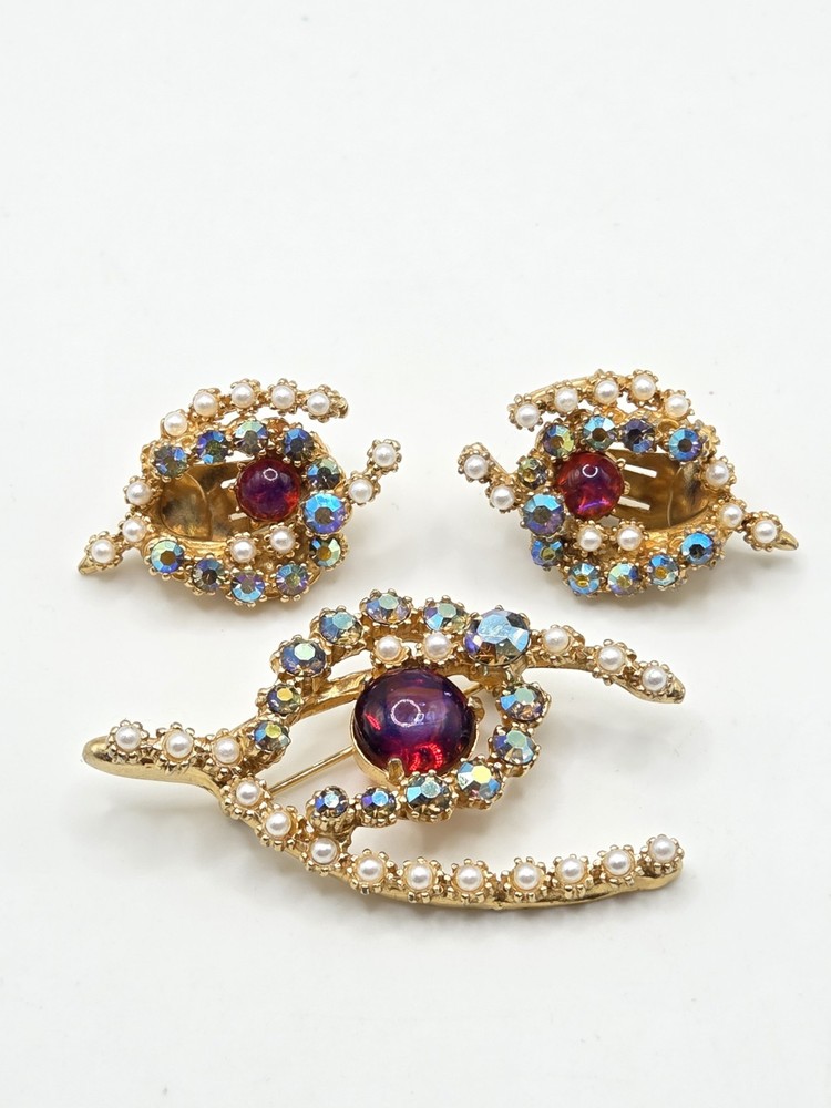 Vintage Goldtone Red AB, Art Glass, And Faux Pearl Brooch And Earring Set