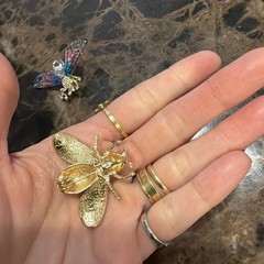 Set of 2 Bee Brooches Rhinestone Pearl Crystal Insect Gold Tone Statement