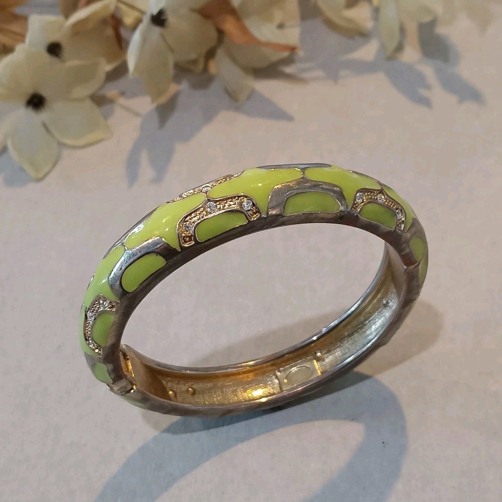 Vintage Lime Green Enamel & Rhinestone Accent Hinged Bangle Bracelet