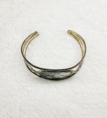 Vintage Alpaca Stained Glass Teal Mother of Pearl Abalone Floral Cuff Bracelet