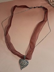 Vintage Sterling Silver Marcasite Heart Pendant Maroon Ribbon Choker Necklace