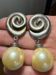 Vintage Ann Taylor Mega Faux Pearl Silver Swirl Chunky Statement Post Earrings