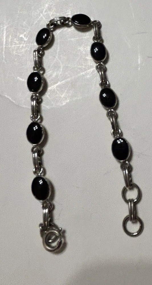 VINTAGE STERLING SILVER AND ONYX Link BRACELET 7.5” Long EUC