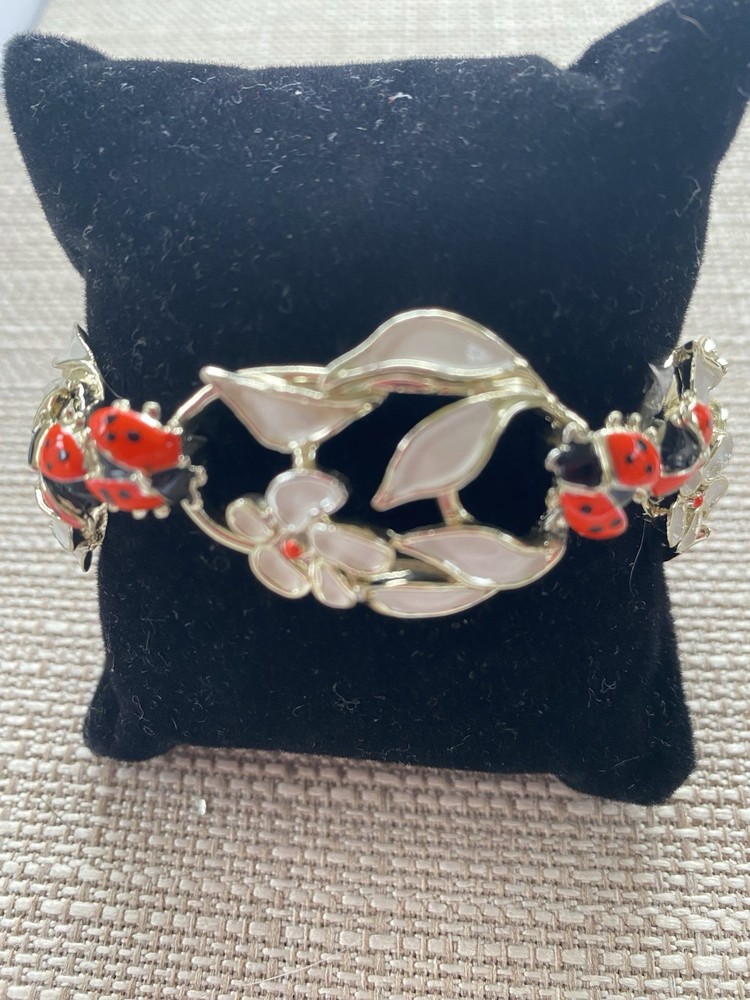 RARE: Vintage Ladybug White Enamel Gold Tone 1960 JOLLE Fashion Bracelet