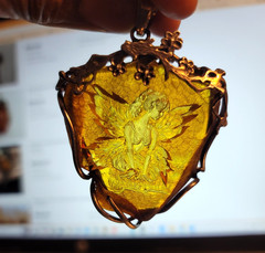 HAND CARVED REVERSE INTAGLIO BALTIC AMBER PENDANT FAIRY NYMPH LADY IN 925 SILVER