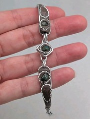 Dainty Vintage 50s Handmade Tin Art Green Stone And Leather Bracelet 6″