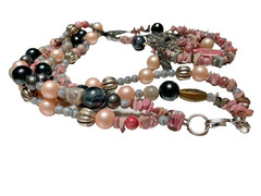 Stunning roxsann Pink Rhodonite Faux Pearl Moonglow Bead Charm Pendant Necklace