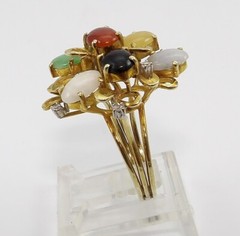Vtg 14K Yellow Gold Multi Color Jade & Diamond Cluster Ring Size 5.5 FZZ