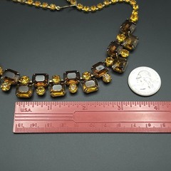 Vintage 1950s Amber Brown Rhinestone Bib Necklace Gold Tone 16 Inch
