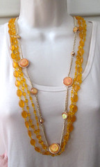 Vintage Orange Gold 3 Strand Lucite Bead + Faux Fire Opal Chain Necklaces Set 2