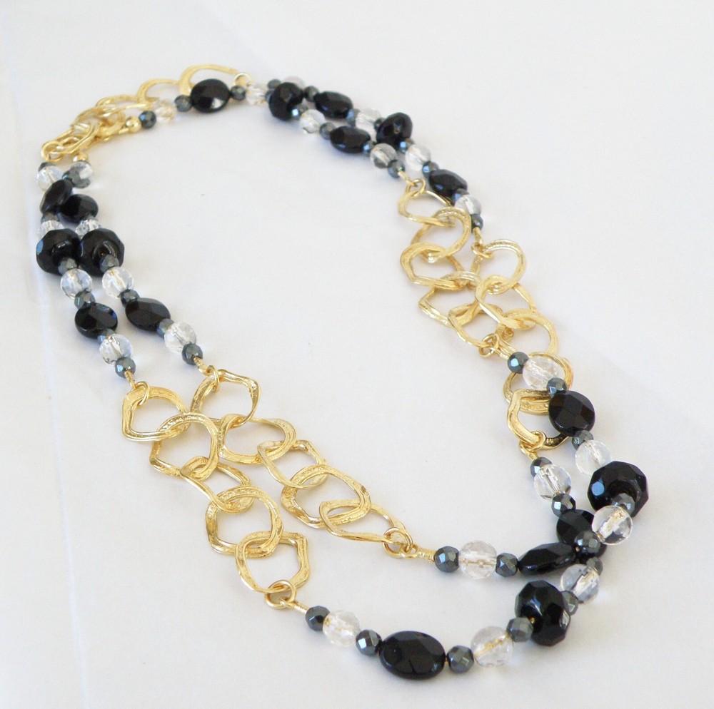 New Sterling Silver 925 Gold Over Black Stone Chunky Statement Necklace 36″