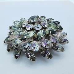 Vintage Smoky Gray Rhinestone Flower Burst Brooch Hollywood Regency Glamour