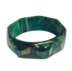 Vintage Blue Moon Bakelite Bangle Geometric Faceted Hexagon Marbled Green Rare