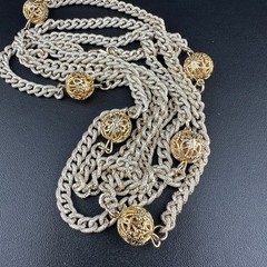 Vintage Chain Necklace Textured Gold Tone Filigree Station Ball Long Flapper 52″