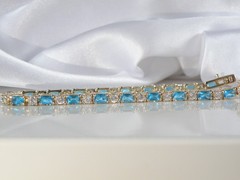 Vintage Gold on Sterling Silver 925 Teal Blue Gemstone Tennis Bracelet 8″