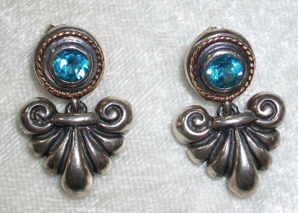 Vintage 925 Sterling Silver 14K Gold London Blue Topaz Pierced Dangle Earrings