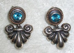 Vintage 925 Sterling Silver 14K Gold London Blue Topaz Pierced Dangle Earrings