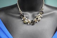 Juliana D&E 5 Link Cabochons Smokey Green & Clear Rhinestone Necklace 15” Long