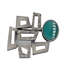 Vintage LG Lind Gal Modernist MCM Brooch Silver Tone Abstract Green Stone Pin