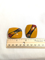 Vtg abstract earrings square enamel modern swirl art design pierced post mustard