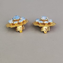 Rhinestone Flower Brooch Clip On Earrings Set Blue Opalite Round
