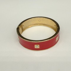 Vintage Clamper Bracelet Red Enamel Inset Rhinestones Gold Tone signed
