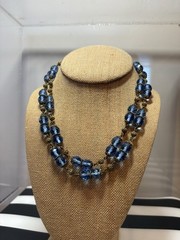 Antique Art Deco Blue Czech Glass & Brass Filigree 34 Inch Necklace 20s-30s