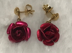 VINTAGE 24” NECKLACE EARRINGS BROOCH GOLD TONE RED ROSE JEWELRY SET