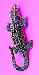 Gold Tone Blue & Pink Rhinestones Alligator Brooch Contemporary