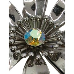 Vintage Enamel Flower Brooch Pin Aurora Borealis Ctr Silver Tone Lg 2 1/2 in D