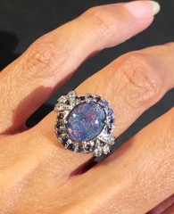Estate Black AUSTRALIAN RAINBOW FIRE OPAL & Tanzanite Topaz Sterling Silver Ring
