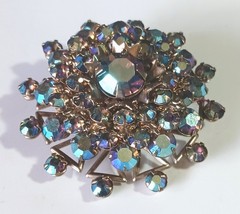 Vintage Layered Gold-tone Brooch w Purple-Blue Aurora Borealis Rhinestones