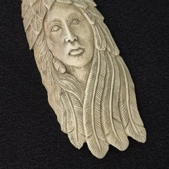 Vintage Native American Woman Eagle Carved Buffalo Bone Pendant