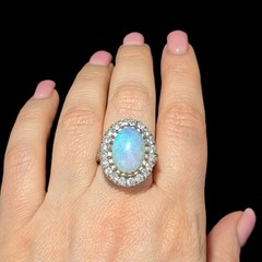 Vintage Opal Diamonds 14k White Gold Large Cocktail Ring Halo Estate Gift