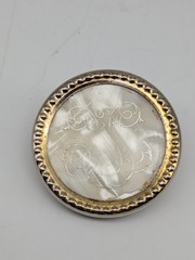 Vintage Gold Tone Pearl Finished Celluloid Magnetic Pin Brooch / General Mfg.