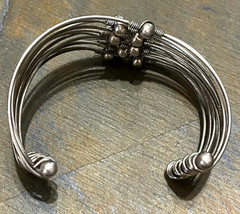 Vintage Silver Toned Multi Strand Cuff Bracelet with Silver Toned Beads