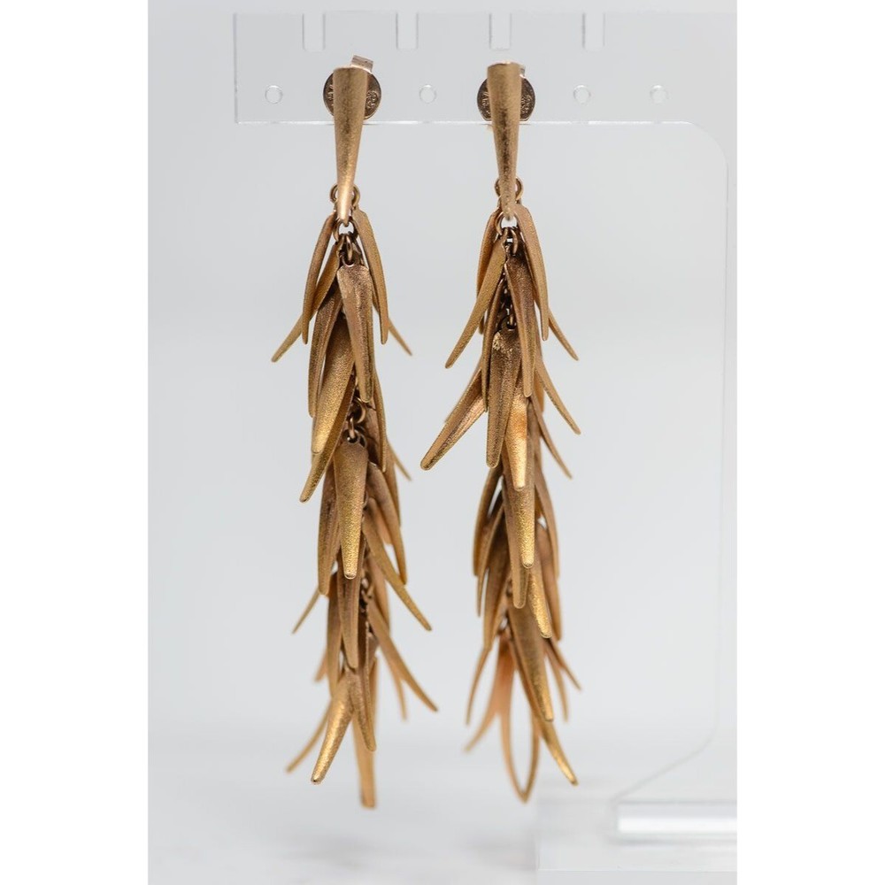 Rivka Friedman Gold Tone chili Feather cascading Dangle Earrings satin brushed
