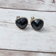 Vintage Clip On Earrings with Screw To Tighten – Black Faceted – Just Over 0.5″