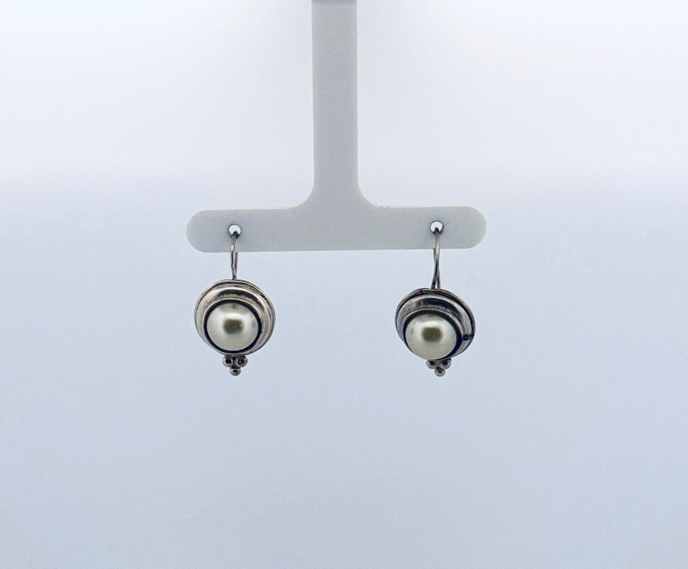 Estate 925 Sterling Silver Pearl Drop Earrings Vintage Modern Artisan Jewelry AA