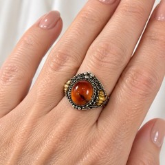 Vintage 925 Sterling Silver Genuine Amber Ring Cognac Cabochon Floral Sz 6.75